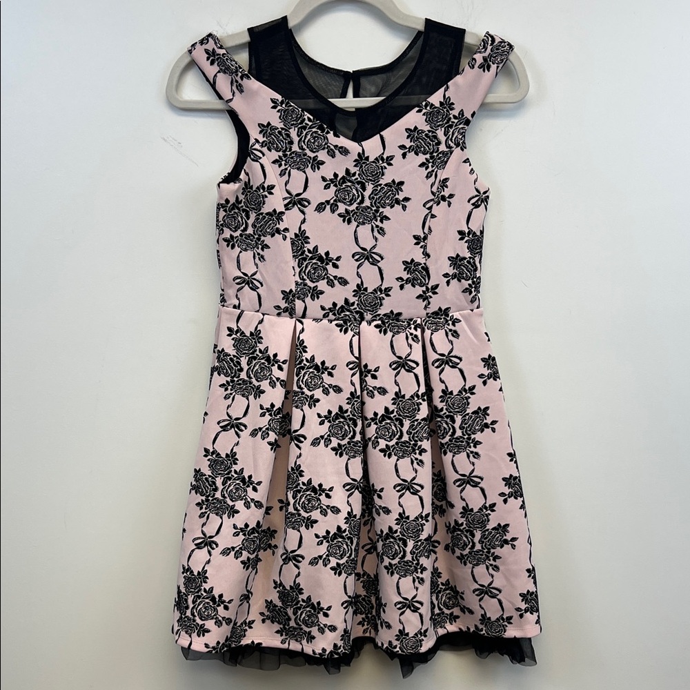 Beautees Black and Pink Floral Sleeveless Pleated Girls Dress Size 12